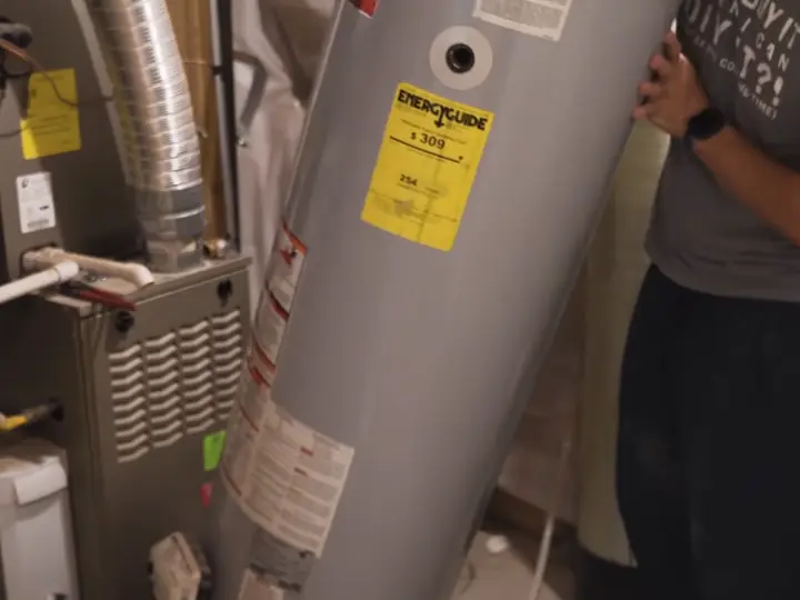 Installer moving a new tank into place for water heater installation in Revere, MA
